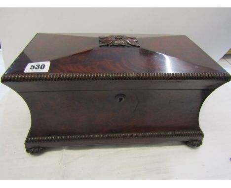 GEORGIAN TEA CADDY, figured mahogany waisted rectangular bodied tea caddy with fitted interior and cut glass mixing bowl, car