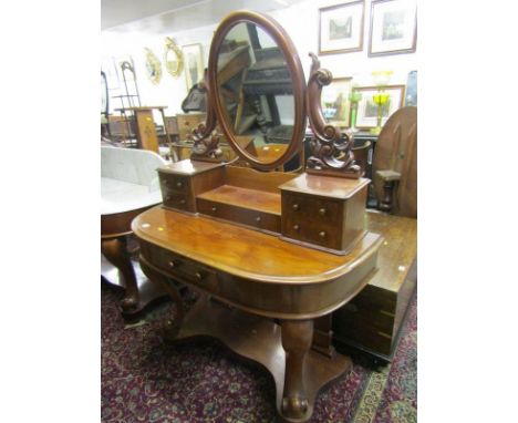 DUCHESS DRESSING TABLE, Victorian mahogany veneered dressing table fitted trinket drawers and mirror with lower shelf 106cms 