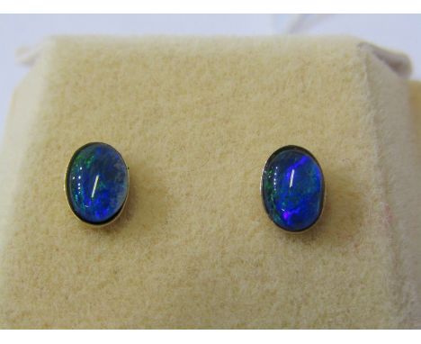 PAIR OF 14 ct YELLOW GOLD BLACK OPAL TRIPLET STYLE EARRINGS