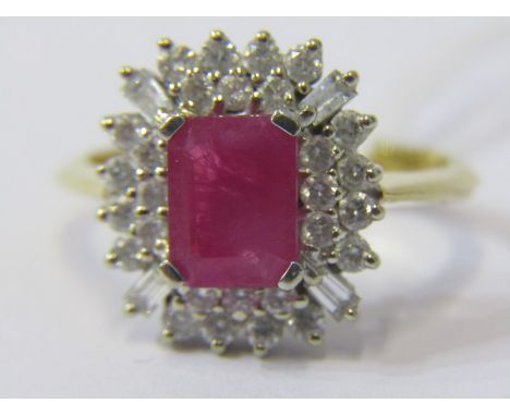 18ct YELLOW GOLD RUBY &amp; DIAMOND CLUSTER RING, principal rectangular cut ruby surrounded by a cluster of mixed brilliant a