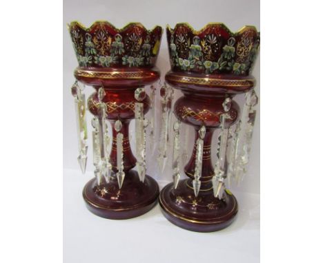 ANTIQUE GLASSWARE, pair of Victorian gilded ruby glass drop lustre vases, 36cm height (some defects) 