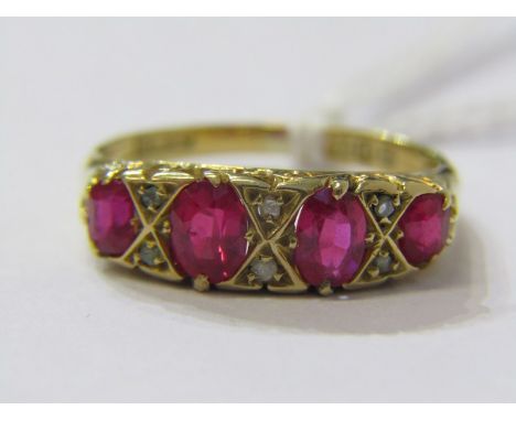 RUBY &amp; DIAMOND RING, 18ct yellow gold ring set 4 graduated rubies interspersed by diamonds, size N