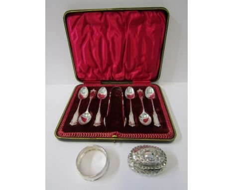 SILVER TEASPOON SET, cased set of 6 teaspoons with matching sugar tongs, makers JR of Sheffield; also a foliate decorated pat