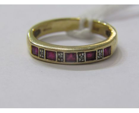 9ct YELLOW GOLD RUBY &amp; DIAMOND HALF ETERNITY STYLE RING, 5 princess cut rubies each seperated by an accent brilliant cut 