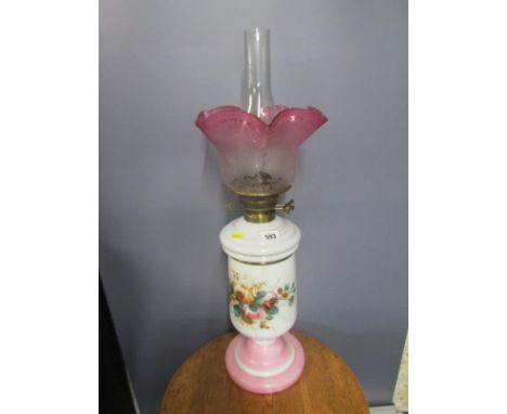 ANTIQUE OIL LAMP, floral painted milk glass base oil lamp with etched cranberry glass crinoline shade 