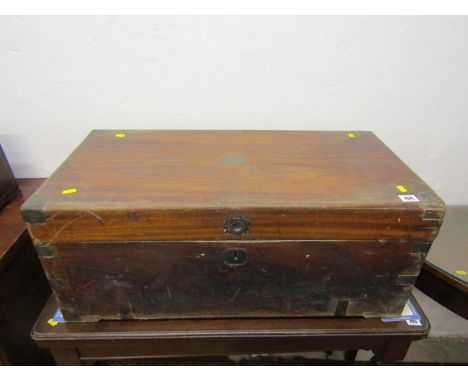 MILITARY CHEST, camphorwood inset brass fitted trunk with later cast iron cup handles, 78cm width 