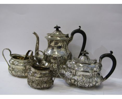 MATCHED SILVER 3 PIECE TEA &amp; COFFEE SET, with ebony handles and finials, floral and foliate decoration in relief, coffee 
