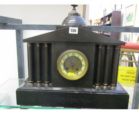 VICTORIAN MANTEL CLOCK, black marble temple design mantel clock, 43cm height 