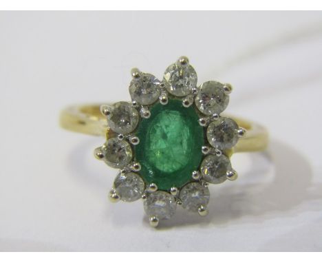 18ct YELLOW GOLD EMERALD &amp; DIAMOND CLUSTER RING, principal oval cut emerald, surrounded by well matched bright brilliant 