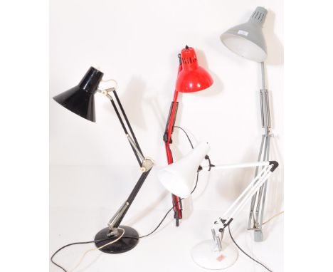 A collection of 20th century industrial style Anglepoise lamps with a model 90 white lamp having circular base and conical sh