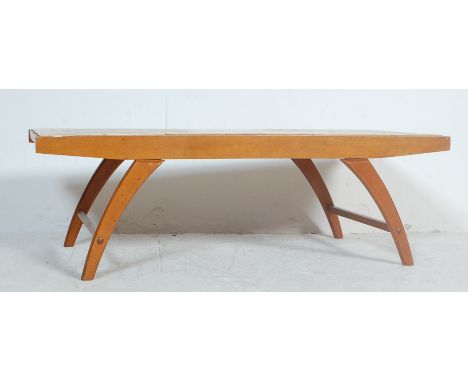 A retro vintage mid 20th Century teak and tile top coffee / centre occasional table having three rows of seven tiles (21 in t