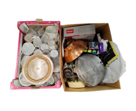 2 x BOX LOTS TO INCLUDE PART TEASETS, CRYSTAL, SCALES &amp; WEIGHTS ETC 