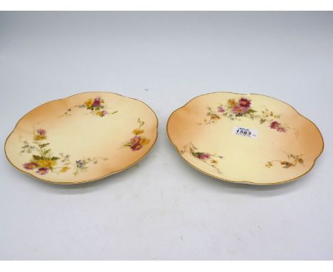 A pair of early 1900's Royal Worcester plates with wavy rims and decorated with pink and yellow floral sprays, one with chip 
