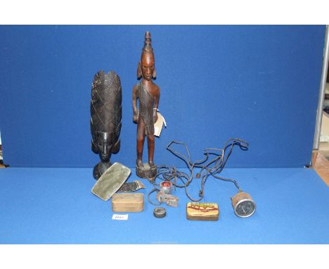 Two tribal Art figures, a vintage parking light, rear view mirror, etc.