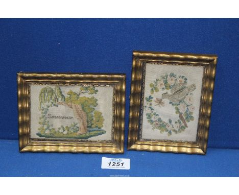 Two small framed 'souvenir' tapestry pictures; one of a bird with insect and roses, the other of a tree in landscape, 5 1/2''