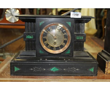 A slate and malachite Mantle Clock having Roman numerals in gold on a black border, key and pendulum present - one corner a/f