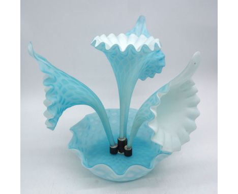 A pale blue lattice "Jack in the pulpit" Epergne, four sections, 10 1/2" tall.