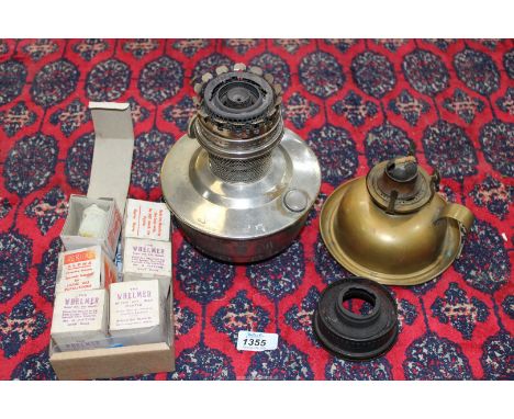 A Bed chamber oil lamp plus a chromium plated Aladdin lamp and five boxed "Gas light mantles -"The Whelmer Gas Mantle Co., Ol