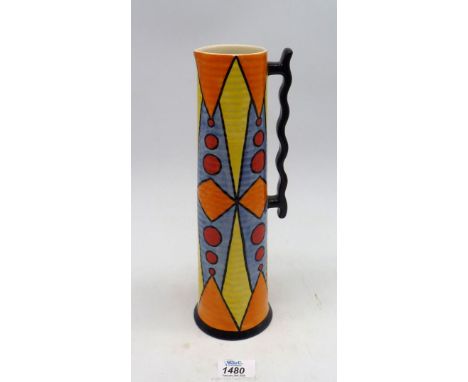 An Old Ellgreave Lorna Bailey ribbed Aztec Jug, limited edition no. 197/200 with wavy black handle, 11 3/4" tall.