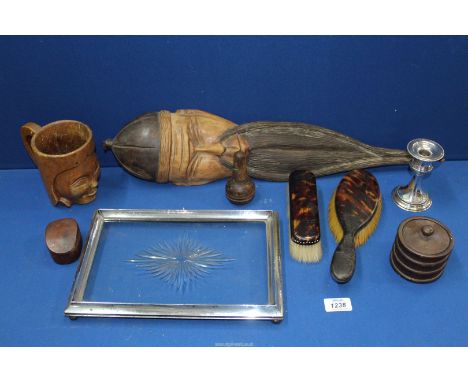 A quantity of miscellanea to include treen - two lidded pots, barrel stopper and carved tankard, Burmese carved mask, silver 