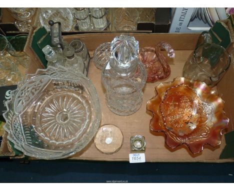 A quantity of glass including; pink Murano swan dish, two carnival bowls, Royal Edinburgh crystal bell shaped decanter, etc.