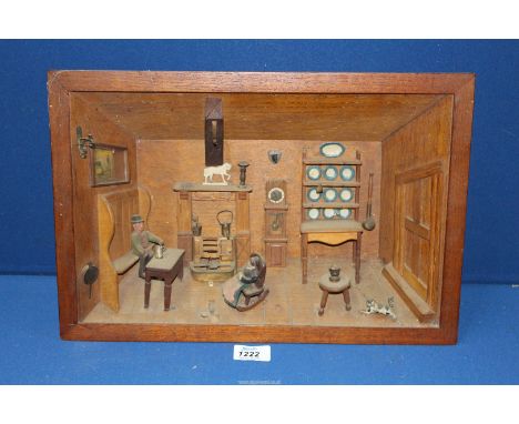 A Black Forest carved Diorama  of a room interior with a Grandfather clock, dresser and two figures, 16 1/2'' wide x 11'' tal