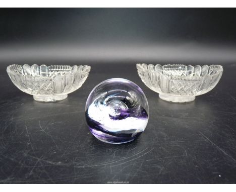 A Caithness 'Moon Crystal' paperweight and a pair of cut glass sweet dishes