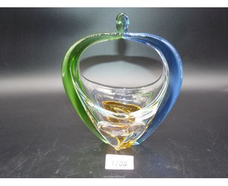 A vintage Czech Art Glass basket by Mstisov Glassworks, 8" tall, 6 1/2" wide.