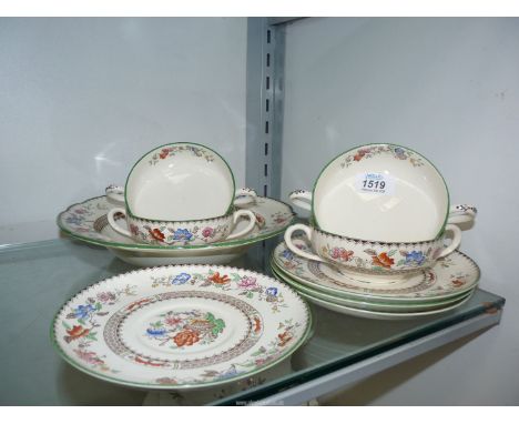 Four Copeland Spode soup Coups and saucers and a soup bowl in Chinese Rose motif.