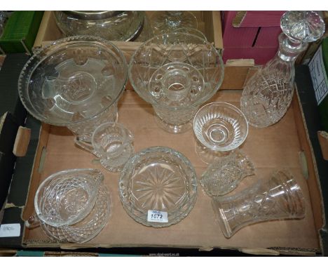 A quantity of glass including Waterford jug and sauce boat, flower vases with frogs, decanter etc.