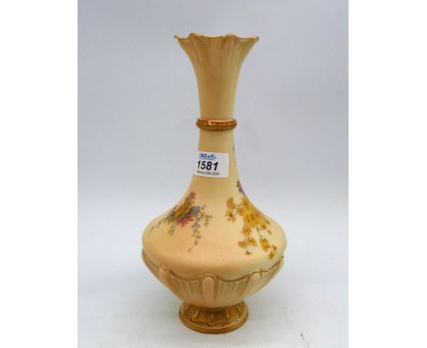 An early 1900's Royal Worcester Vase with painted decoration of blossom and foliage, the flared and fluted rim having gold fi