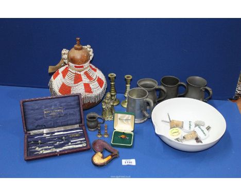 A quantity of miscellaneous including "Drawing office Supplies" cased Drawing instrument set, beaded gourd vessel, pewter tan