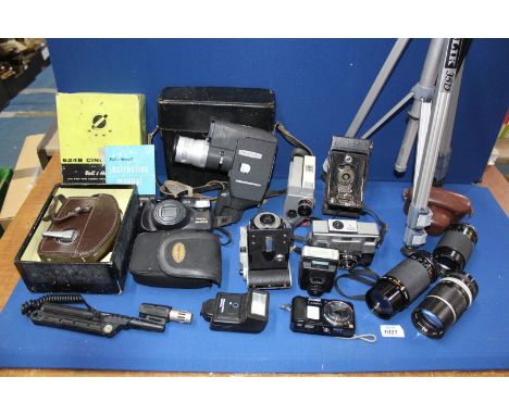 A box of cameras and lenses to include; Leicina, Bell & Howell, Coronet, Pentax, Kodak, Leitz, Olympus, Lumix, etc.