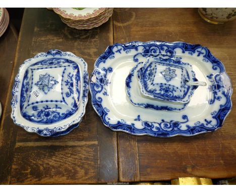 A quantity of Antique Flow Blue dinnerware to include a large meat plate (50 cm x 32 cm), vegetable tureen, cover and stand, 