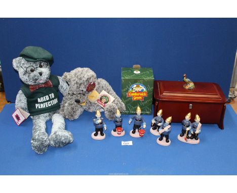 A quantity of miscellaneous including two Teddy bears, a jewellery box with peacock finial and six Robert Harrop 'Camberwick 