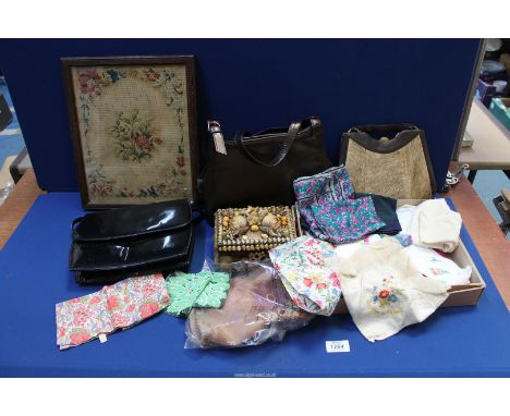 A quantity of textiles and bags to include an Asprey box of handkerchiefs, Liberty, etc., hide handbag, etc., shell jewellery