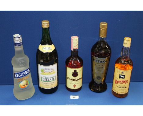 Five bottles of alcohol including White Horse Whisky, Metaxa, Spanish Brandy, Melon Vodka, etc.