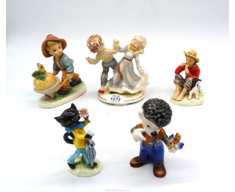 Four Goebel figures plus one similar including black cat, sitting boy with dog by Norman Rockwell, children dancing etc.