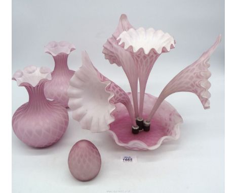 A pink lattice "Jack in the pulpit" Epergne,10 1/2" tall in four sections with two matching vases, 7" tall.