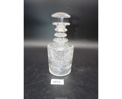 A 19th century mallet shaped cut glass decanter, 7½" tall, some chips.