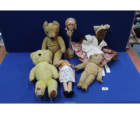 A box of jointed Teddy Bears including musical Chad Valley (working), an another, old dolls, pin doll, Deans Rag book style n