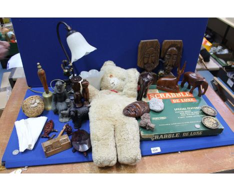 A quantity of miscellanea  including Scrabble de luxe, "Lily" lamp, brass bell, Treen including carved Elephants, Toledo Dama