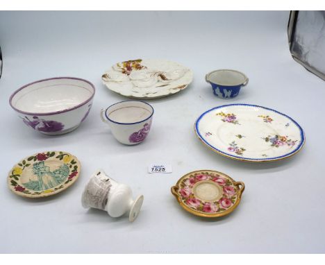 A quantity of china including a blue Jasperware two-handle bowl, Sevres comport painted with scattered polychrome floral bouq