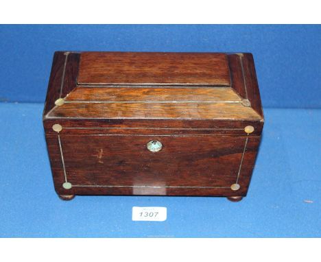 A sarcophagus shaped Tea Caddy having Mother of Pearl detail, with glass mixing bowl on button feet, 9" x 5" x 6" - a/f.