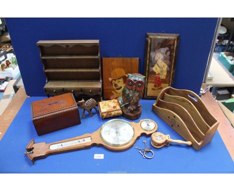 A quantity of Treen including miniature Welsh dresser, letter rack, money box, castanets, owl, lacquered pictures and a banjo