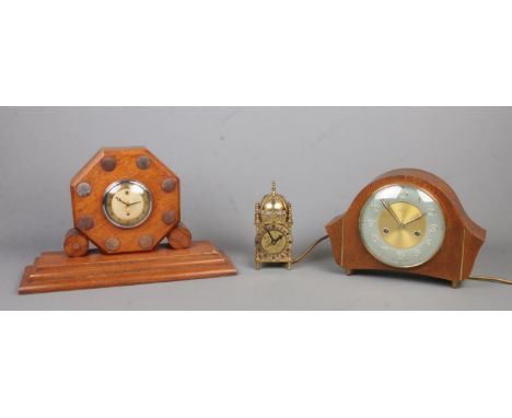 Three clocks, including two Smiths mantle clock and electrically converted lantern clock.  