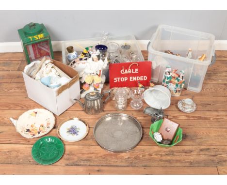 A quantity of mixed collectables including various cut glass items, silver plate, ceramic bowls and tea cups, shell trinket b