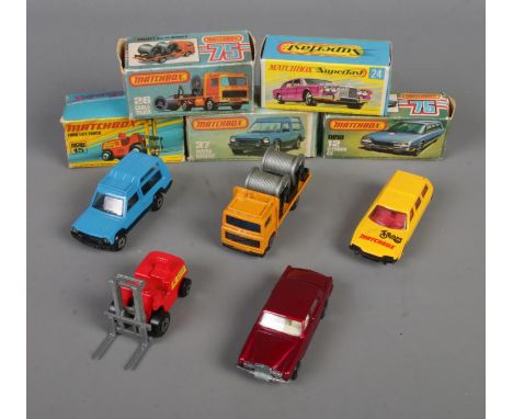 Five boxed Matchbox 1-75 series diecast vehicles to include 24 Rolls Royce Silver Shadow, New 15 Fork Lift Truck, 26 Cable Tr