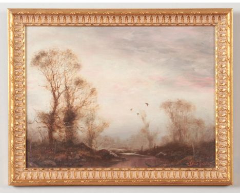 John Trickett (born 1953), a small gilt frame oil on panel, river scene with three ducks in flight. 19cm x 26cm.  