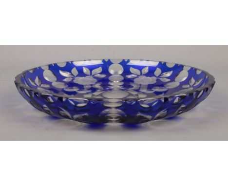 A vintage Harrach blue flash glass dish, decorated with flowers. Signed to base. Diameter 29cm.  